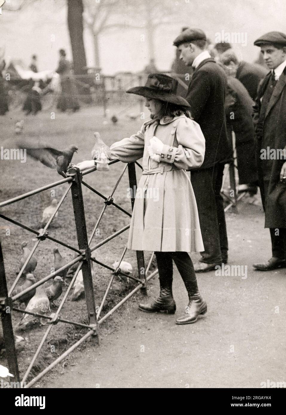 Nei primi anni del XX secolo vintage premere fotografia - una ragazza di alimentare gli uccelli in Hyde Park a Londra per un giorno di primavera, c.1920s Foto Stock