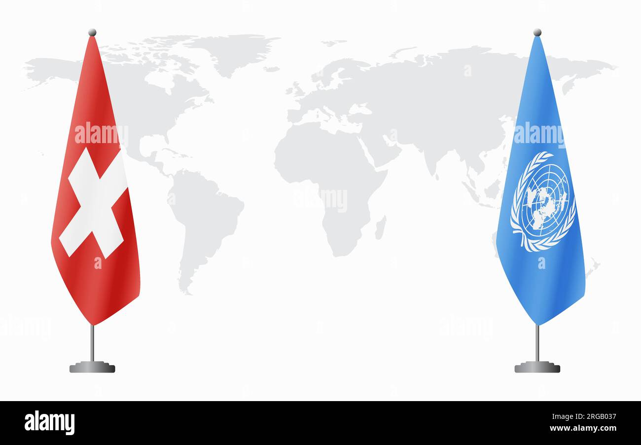 La Svizzera e le Nazioni Unite bandiere per un incontro ufficiale sullo sfondo della mappa mondiale. Illustrazione Vettoriale