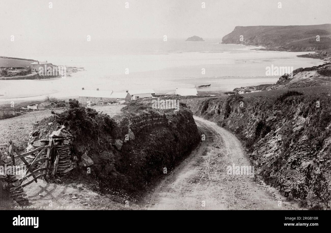 19th ° secolo vintage fotografia: Polzeath Bay, Cornovaglia. Polzeath; Cornish: Polsegh, è un piccolo villaggio turistico situato nella parrocchia civile di St Minver in Cornovaglia, Inghilterra, Regno Unito. Foto Stock