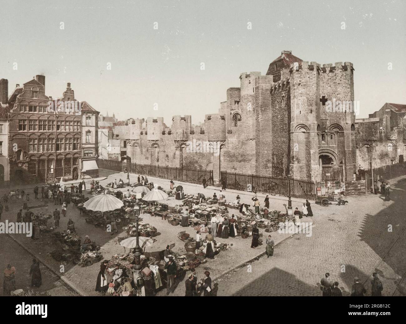 Fotografia d'annata del XIX secolo: mercato di strada, Gand, Belgio Foto Stock