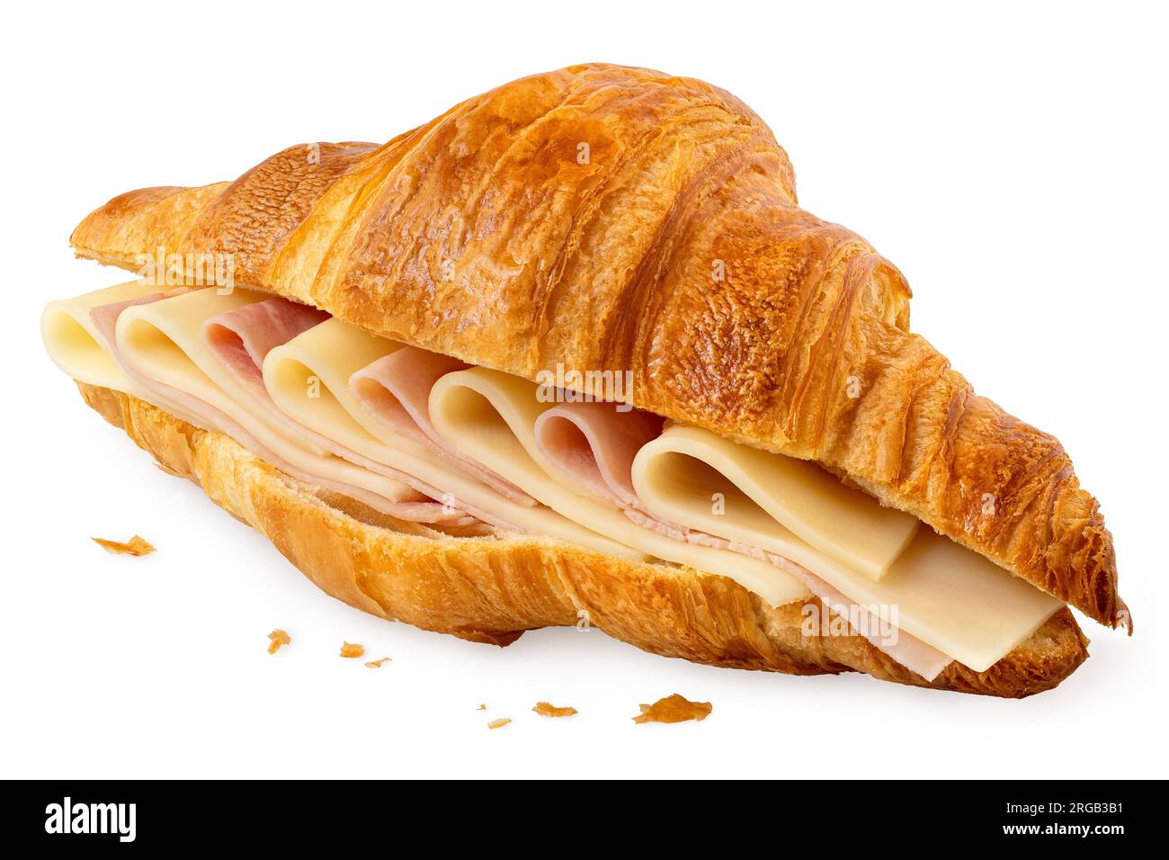 Croissant con prosciutto e formaggio isolato su bianco. Briciole. Foto Stock