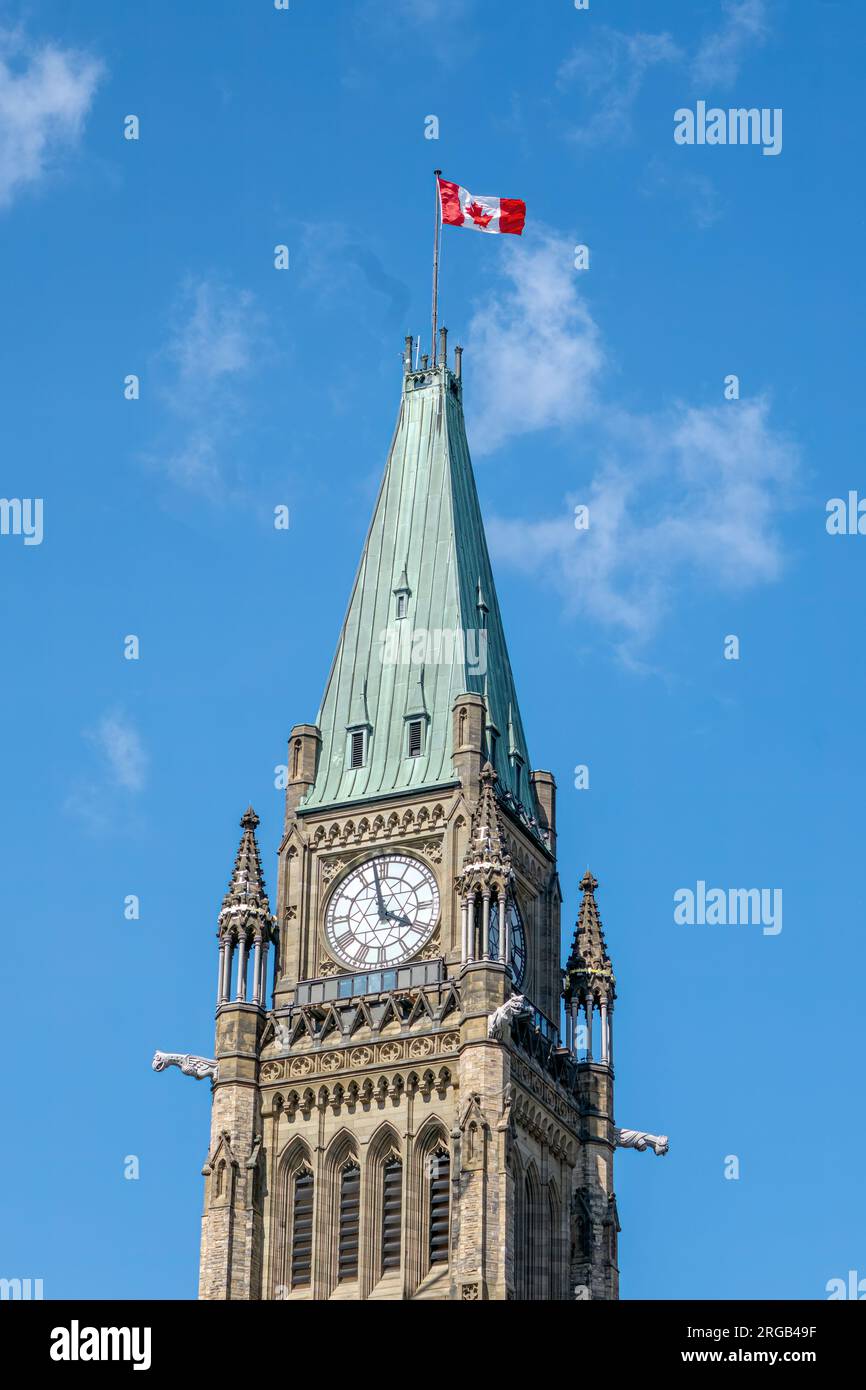 Il campanile della Peace Tower e la torre dell'orologio si trovano sull'asse centrale del blocco centrale degli edifici del parlamento canadese a Ottawa Foto Stock