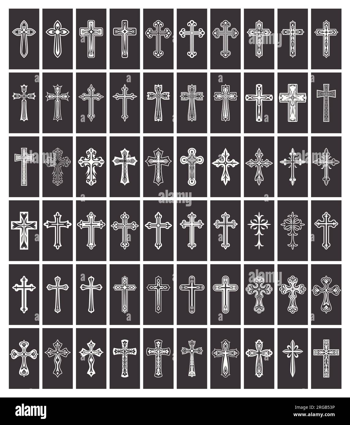 Icone Flat Vector Black and White Christian Cross. Linea silhouette ritagliata Black Christian Crosses Collection Isolated. Illustrazione Vettoriale
