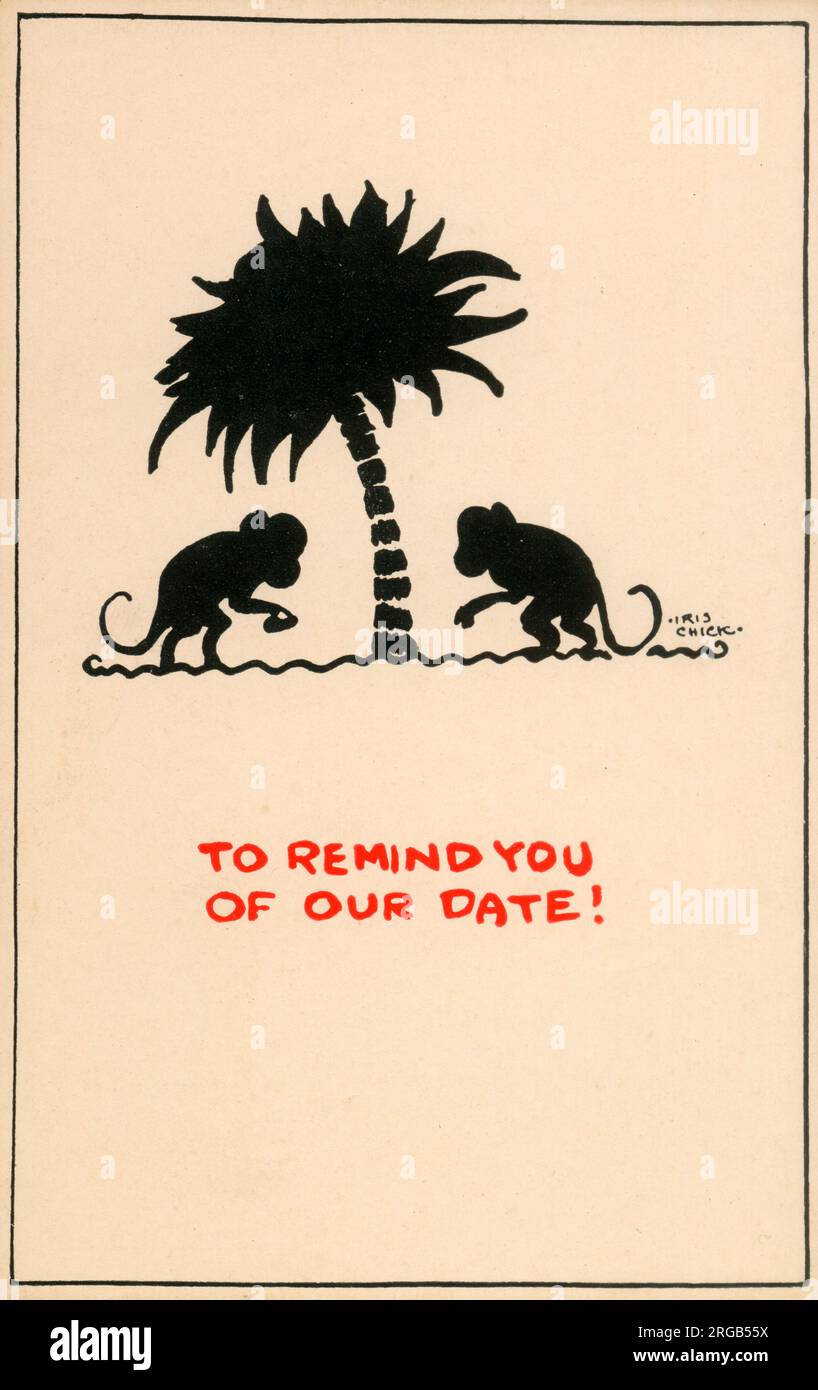 Cartolina design - per ricordare la nostra data! Due piccole scimmie si incontrano sotto una palma. Foto Stock