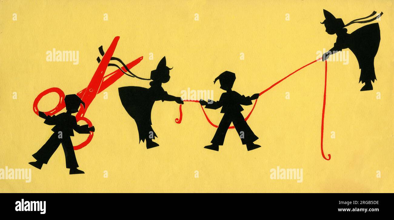 Illustrazione originale - illustrazione di silhouette ritagliata per un libro originale di Iris Chick chiamato The Gummys - misurazione del nastro e taglio con grandi forbici rosse. Foto Stock