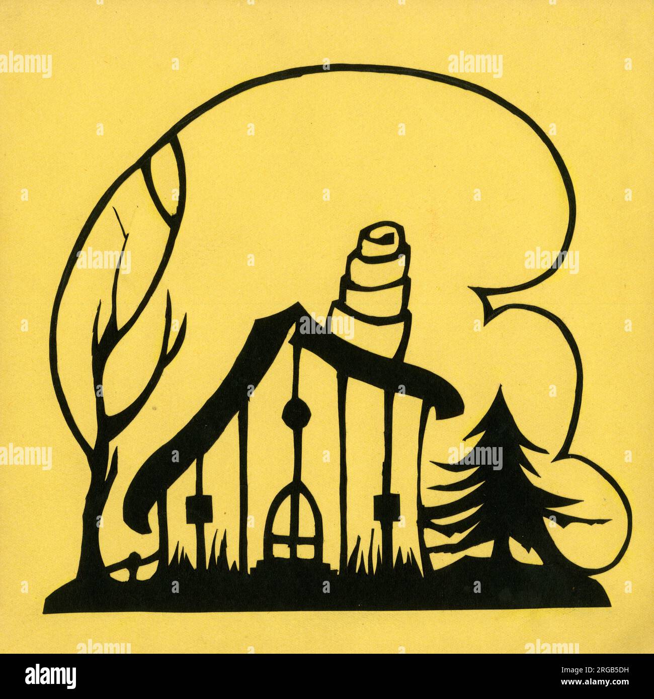 Illustrazione originale - illustrazione di silhouette ritagliata per un libro originale di Iris Chick chiamato The Gummys - un misterioso piccolo cottage in legno nei boschi. Foto Stock