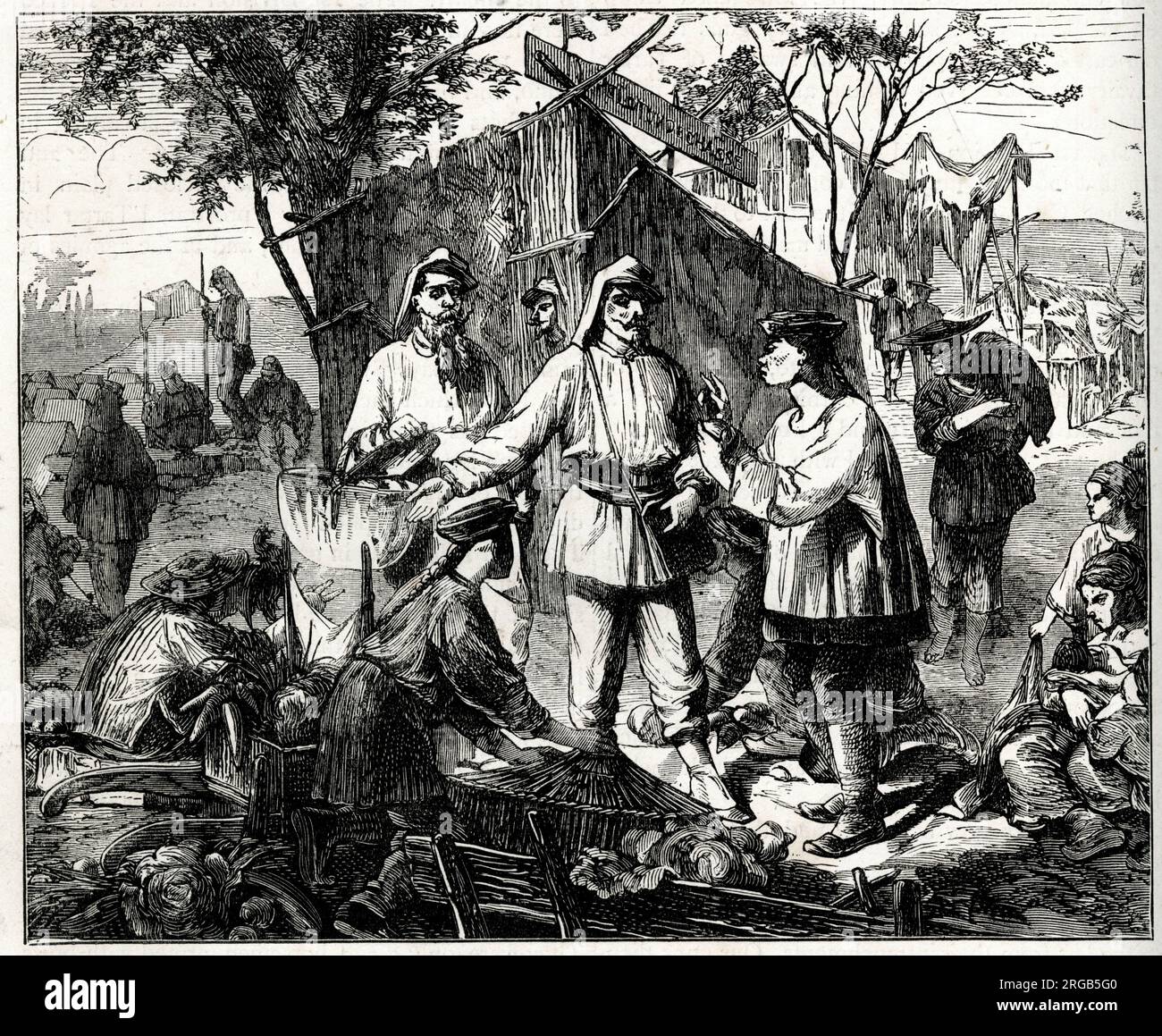 Commercianti cinesi nel campo degli alleati, tra Sinho e Tankoo, seconda guerra dell'oppio, Cina. Foto Stock