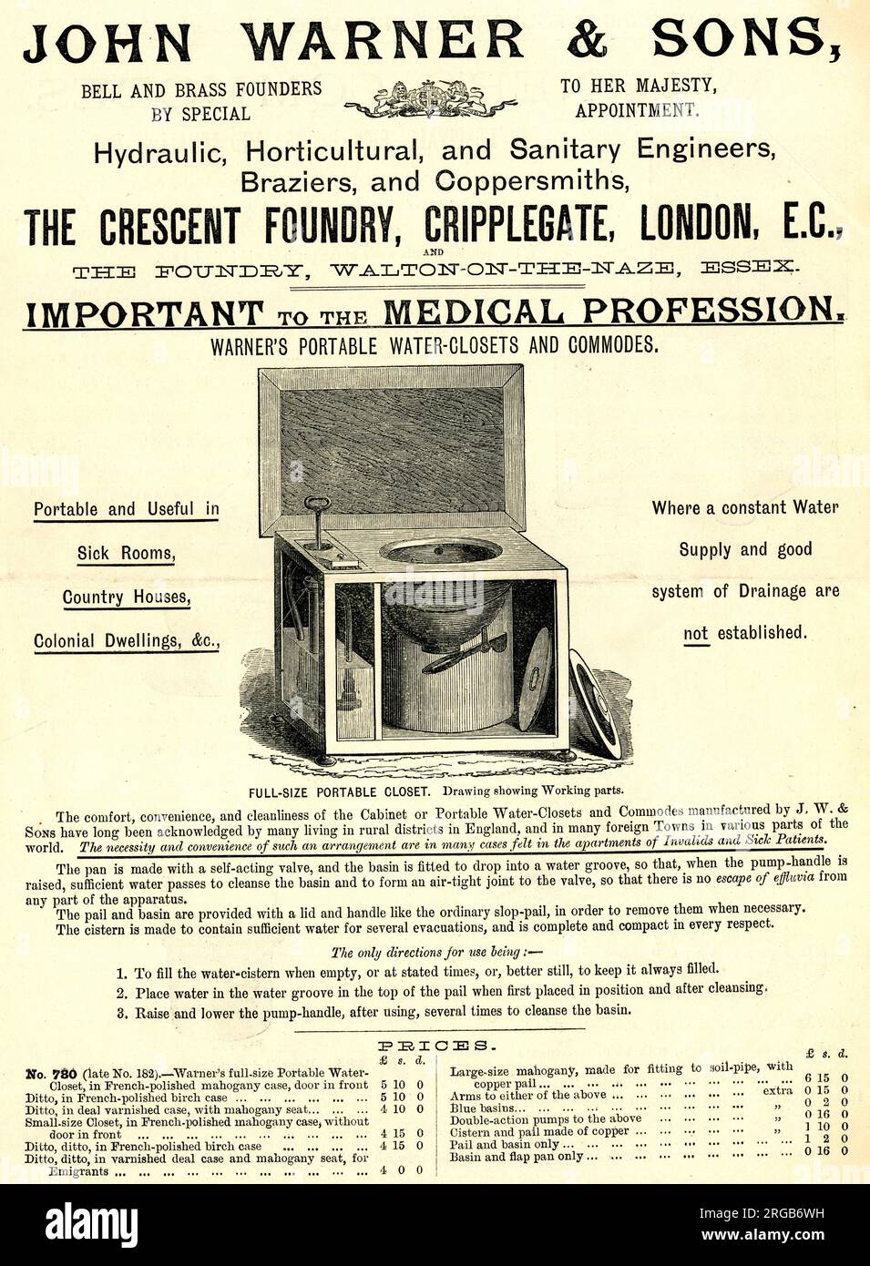 Advert, John Warner & Sons, The Crescent Foundry, Cripplegate, Londra - armadi ad acqua portatili e commode Foto Stock Advert, John Warner & Sons, The Crescent Foundry, Cripplegate, Londra - armadi ad acqua portatili e commode Foto Stock