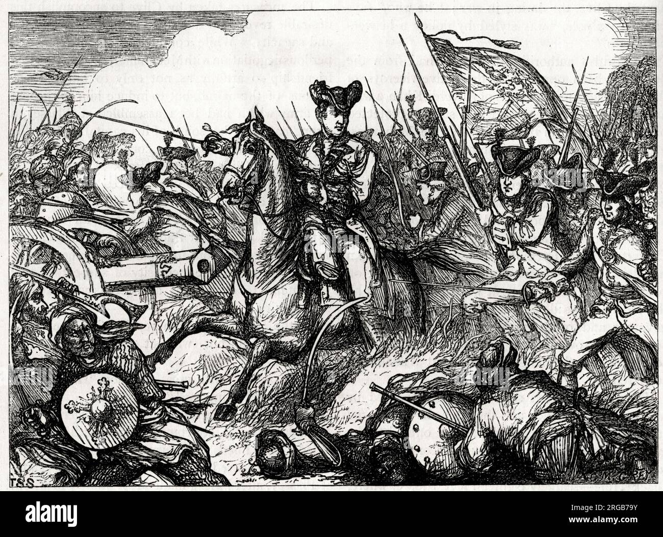 Il colonnello Robert Clive nella battaglia di Plassey (Palashi, Bengala Occidentale, India), 23 giugno 1757, quando la Gran Bretagna e la Compagnia delle Indie Orientali sconfissero le forze dell'Impero Mughal, durante la Guerra dei sette anni (1756-1763). Foto Stock