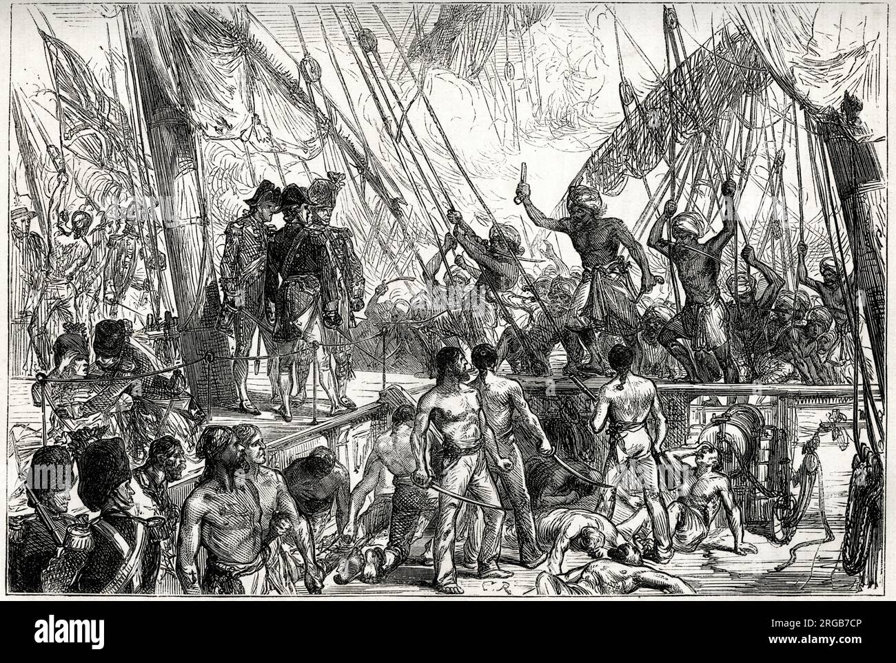 Battaglia in mare con i Mahrattas (marinai di Maratha), che hanno catturato la nave Ranger della Compagnia delle Indie Orientali il 5 (o 8) aprile 1783, un'azione che è andato contro il Trattato di Salbai che aveva posto fine alla prima guerra anglo-maratha (1775-1782). La nave era sotto il comando del tenente comandante Pruen, navigando da Bombay per portare ufficiali militari di alto rango nell'esercito britannico. La flotta di Mahratta era comandata dall'Ammiraglio della Marina di Peshwa, Aninid Rao Dhoolup (Anandrao Dhulap), che sembrava non essere a conoscenza del trattato di pace di Salbai. Foto Stock