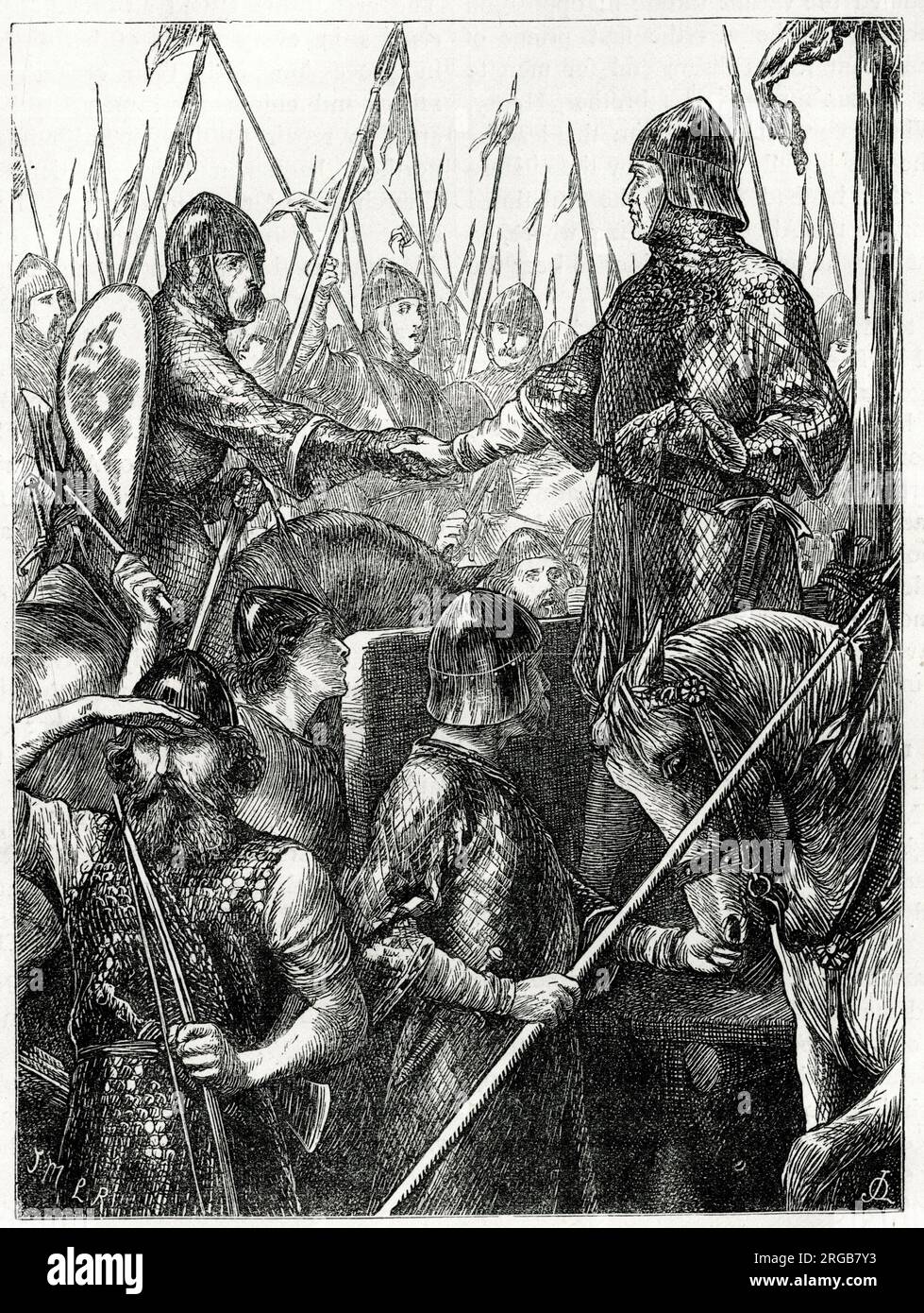 Walter Espec (d'Espec) e il Conte di Aumale (Albemarle) nella Battaglia dello Standard (Battaglia di Northallerton), il 22 agosto 1138, quando le forze inglesi sotto Guglielmo di Aumale respingono un esercito scozzese guidato dal re Davide i di Scozia. Foto Stock