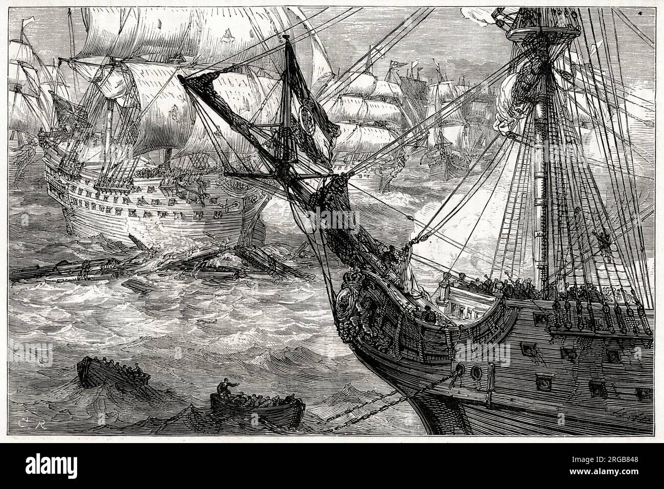La Torbay forzò il boom nella Battaglia di Vigo Bay, Galizia, Spagna, 23 ottobre 1702, parte della Guerra di successione spagnola (1701-1714). Foto Stock