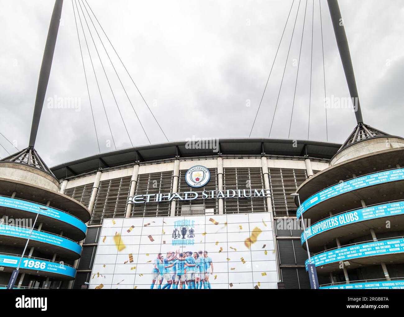 Esterno dello stadio Etihad di Manchester City in Inghilterra, Regno Unito Foto Stock