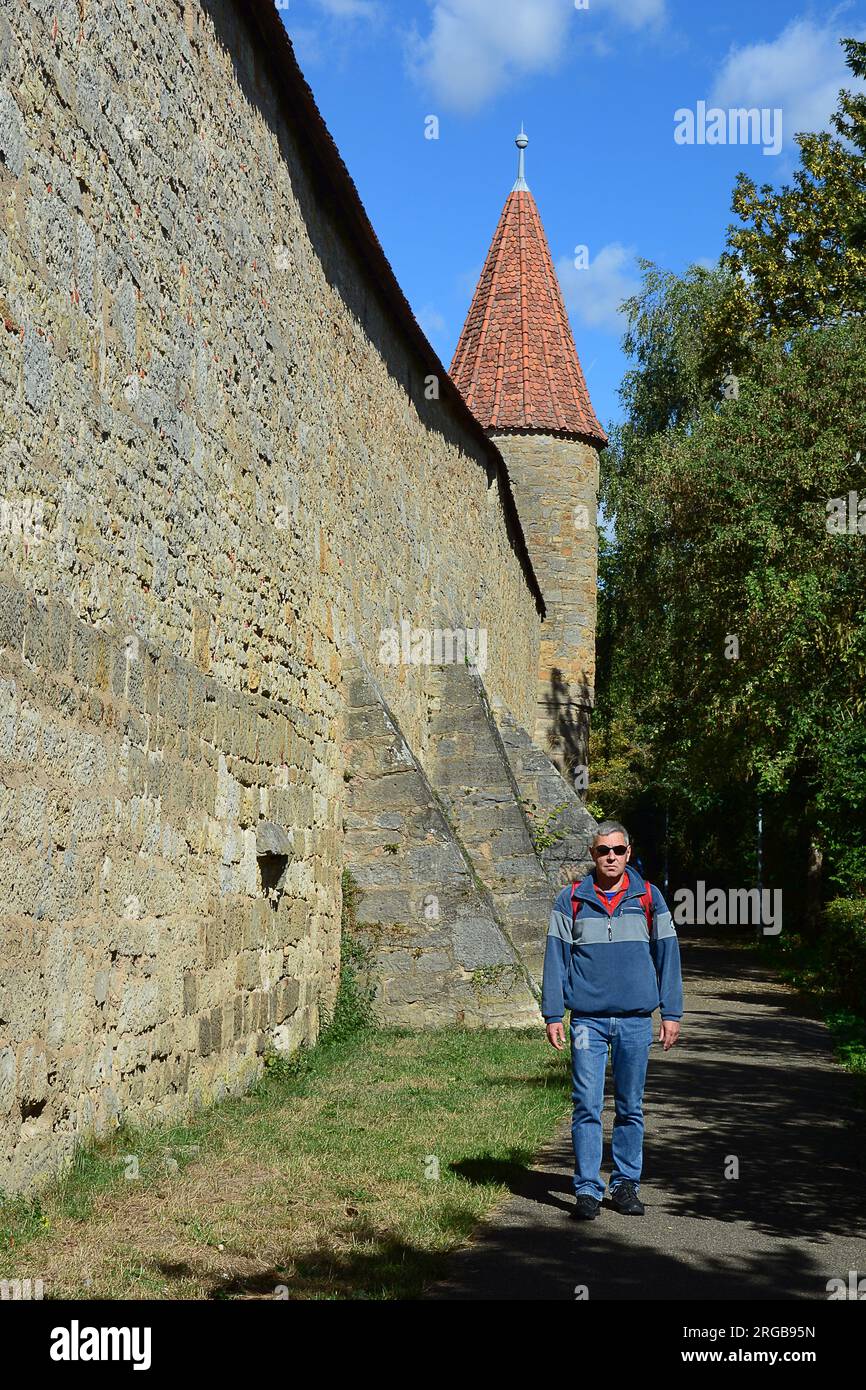 Camminando lungo lo Stadtmauer / le mura cittadine, Rothenburg ob der Tauber, Franken / Franconia, Bayern / Baviera, Germania Foto Stock