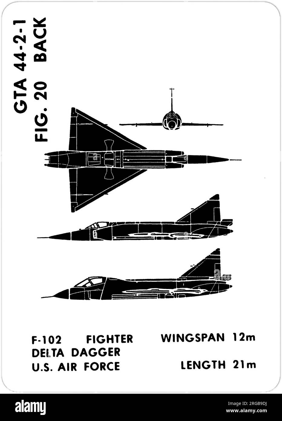 Convair F-102A - TF-102A Delta Dagger. Questa è una delle serie di Graphics Training Aids (GTA) utilizzati dall'esercito degli Stati Uniti per addestrare il loro personale a riconoscere gli aerei amichevoli e ostili. Questo particolare set, GTA 44-2-1, è stato pubblicato nel July1977. Il set comprende aerei provenienti da: Canada, Italia, Regno Unito, Stati Uniti e URSS. Foto Stock