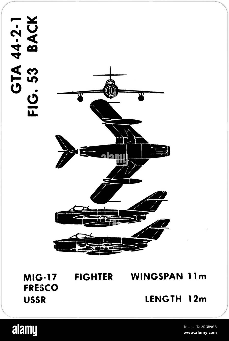 Mikoyan-Guryevich MIG-17 (nome in codice NATO: Affresco C) & MIG-17PF (nome in codice NATO: Affresco D). Questa è una delle serie di Graphics Training Aids (GTA) utilizzati dall'esercito degli Stati Uniti per addestrare il loro personale a riconoscere gli aerei amichevoli e ostili. Questo particolare set, GTA 44-2-1, è stato pubblicato nel July1977. Il set comprende aerei provenienti da: Canada, Italia, Regno Unito, Stati Uniti e URSS. Foto Stock