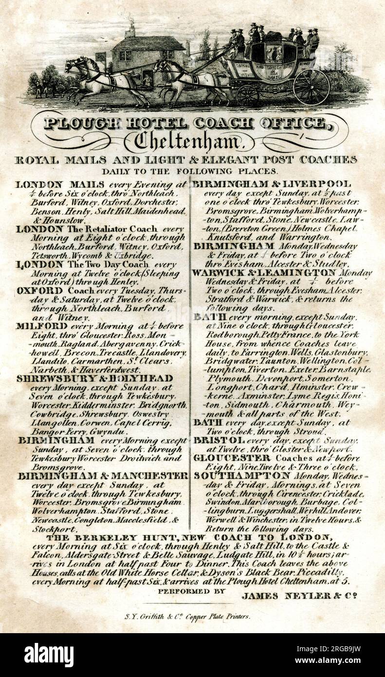 Orari, Plough Hotel Coach Office, Cheltenham - Royal mails e Light & Elegant Post Coach tutti i giorni per i luoghi elencati. Foto Stock