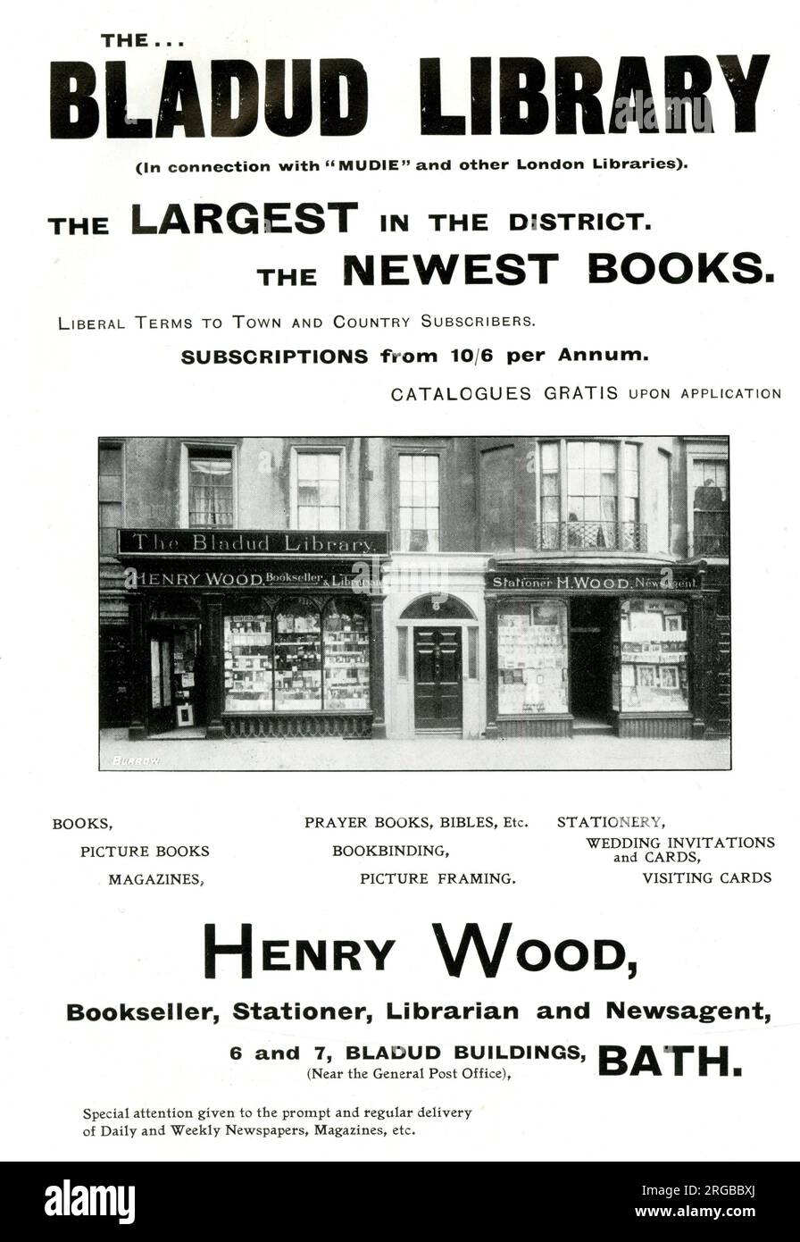 Pubblicità per la Biblioteca Bladud e Henry Wood, Bookseller, Stationer, Librarian e NewsAgent, Bath Foto Stock