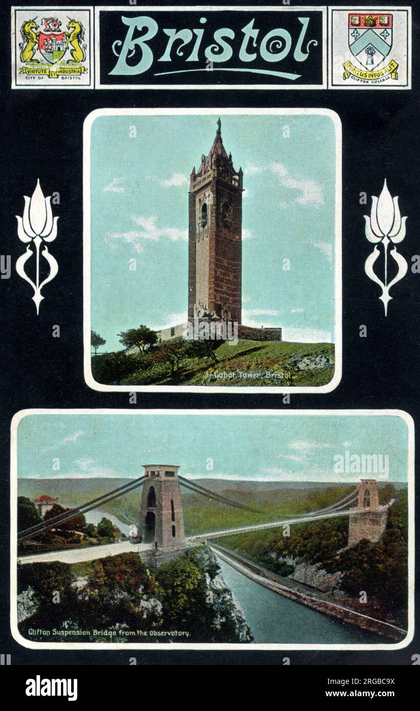 Bristol - Cabot Tower e Clifton Suspension Bridge (vista dall'Osservatorio). Foto Stock
