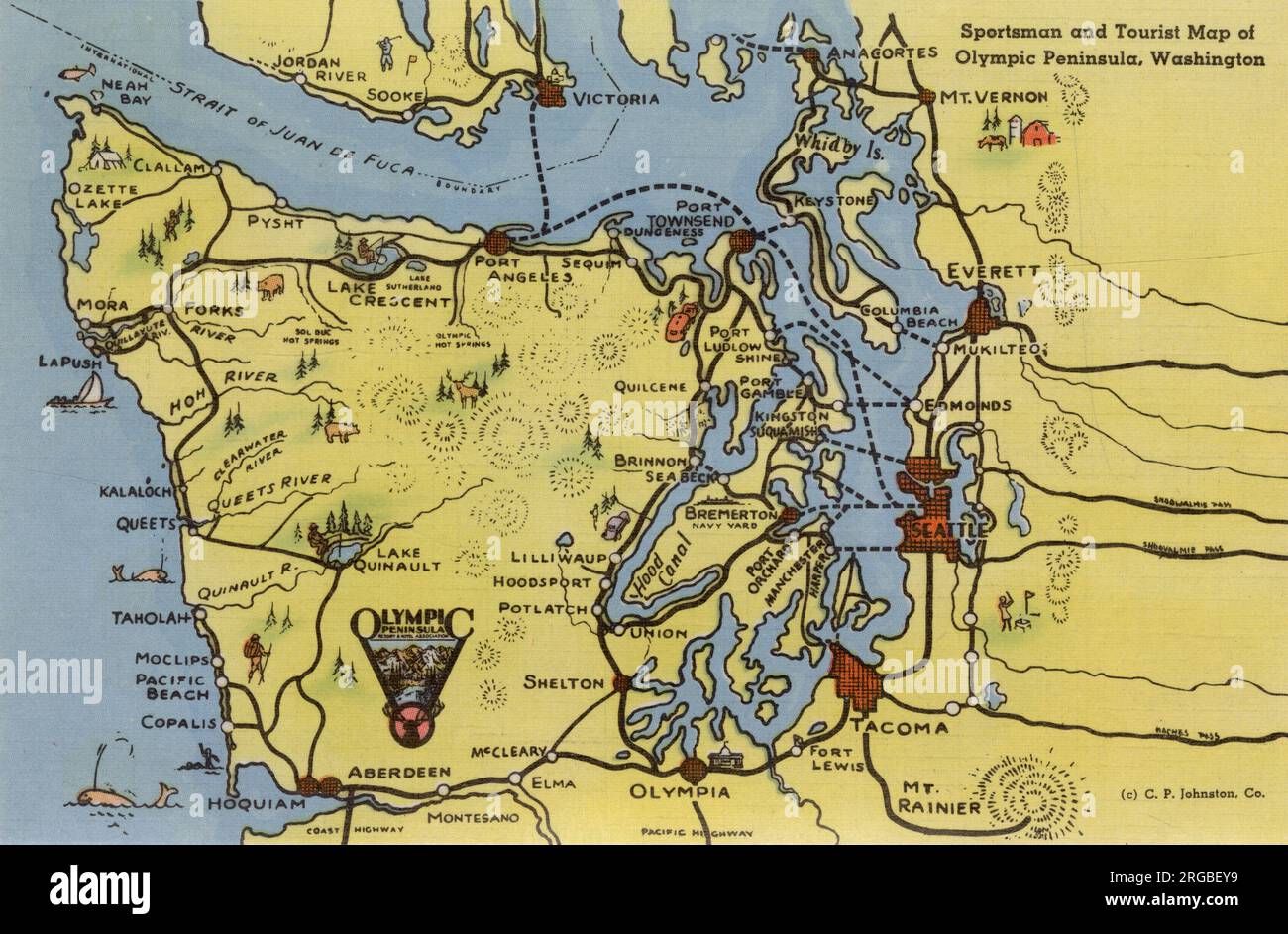 Mappa di Olympic Peninsula, Stato di Washington, USA - per sport e turismo Foto Stock