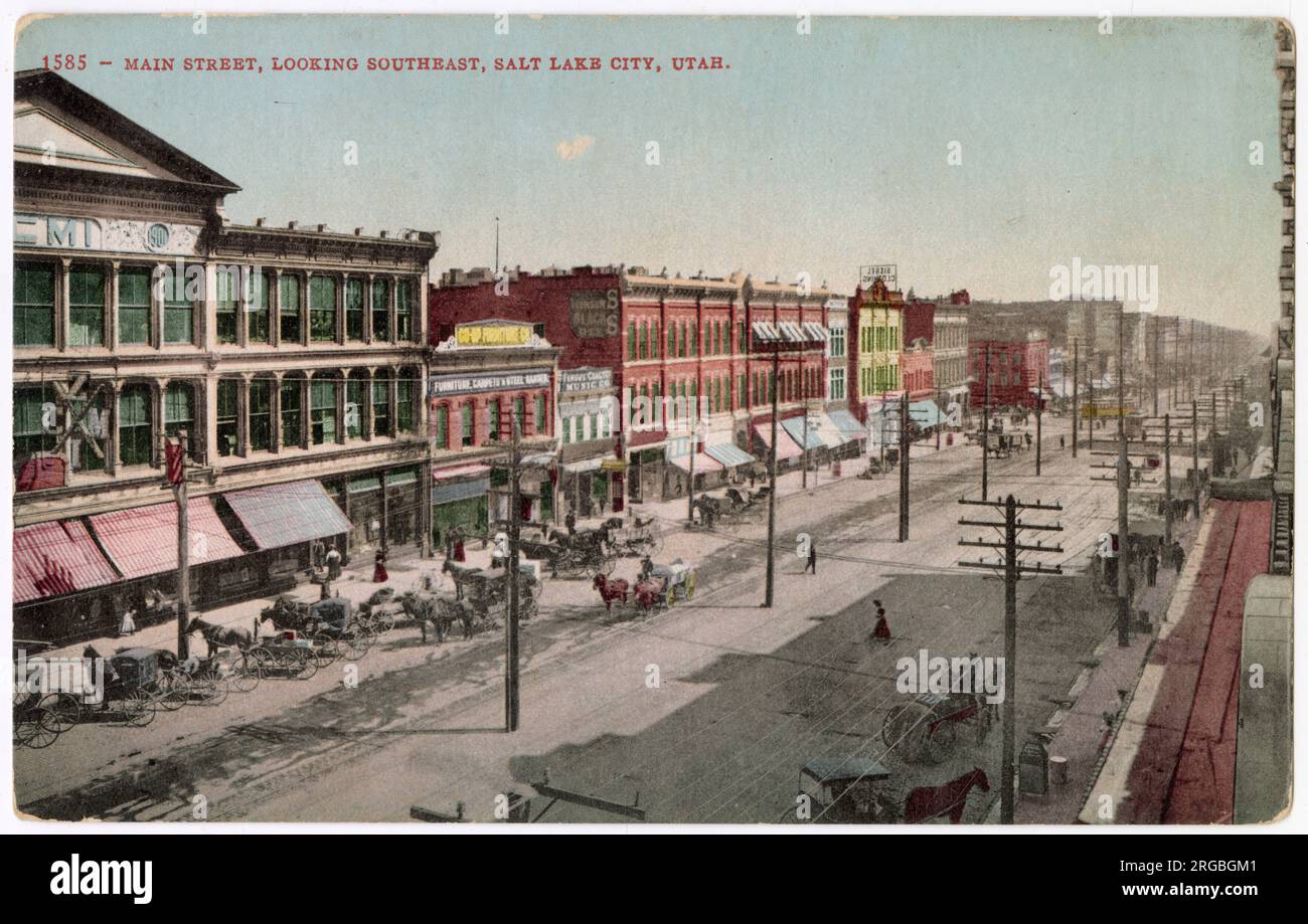 Main Street (guardando a sud-est), Salt Lake City, Utah, USA, con i grandi magazzini ZCMI. Foto Stock