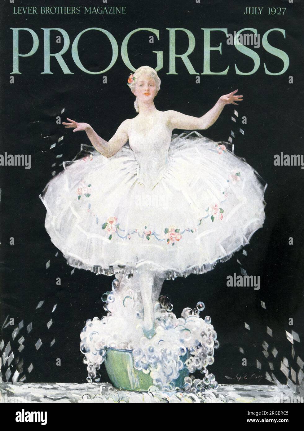 Cover design, Progress, luglio 1927 - rivista Lever Brothers, ballerina in una ciotola di saponette mentre si spargono scaglie di sapone Foto Stock