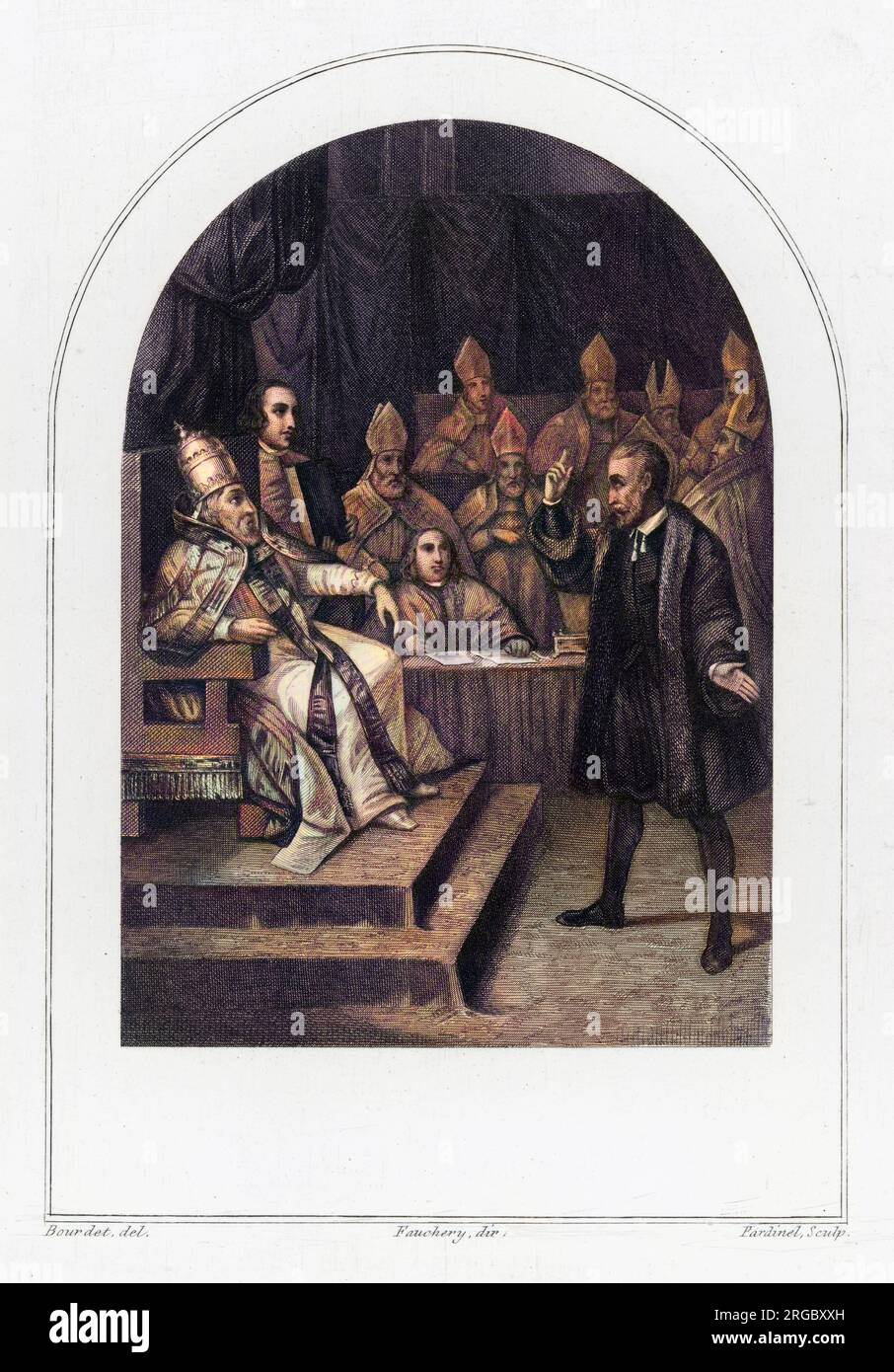 Matematico, fisico e astronomo italiano, Galileo Galilei (1564-1642), davanti a Papa Urbano VIII quando è in prova per eresia Foto Stock