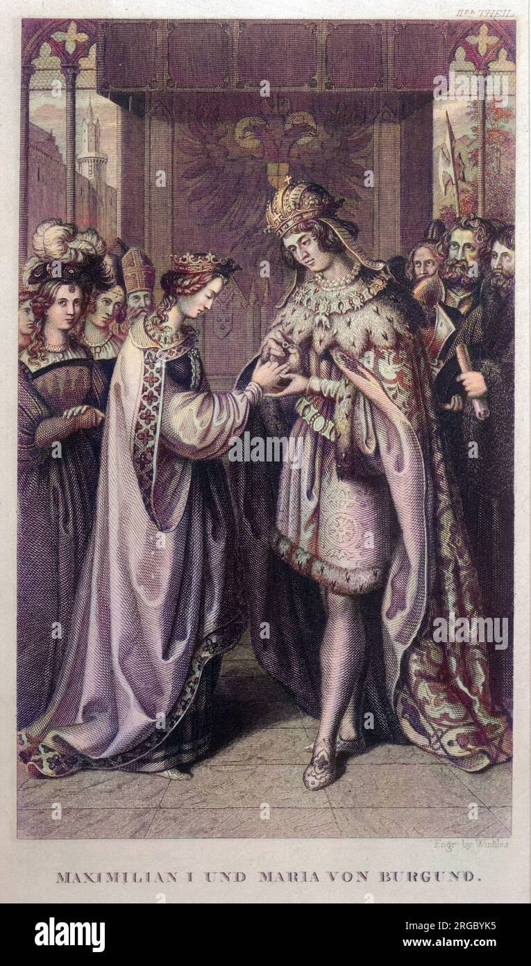 Massimiliano i e Maria di Borgogna sposarono. Posiziona un anello sul dito. Foto Stock