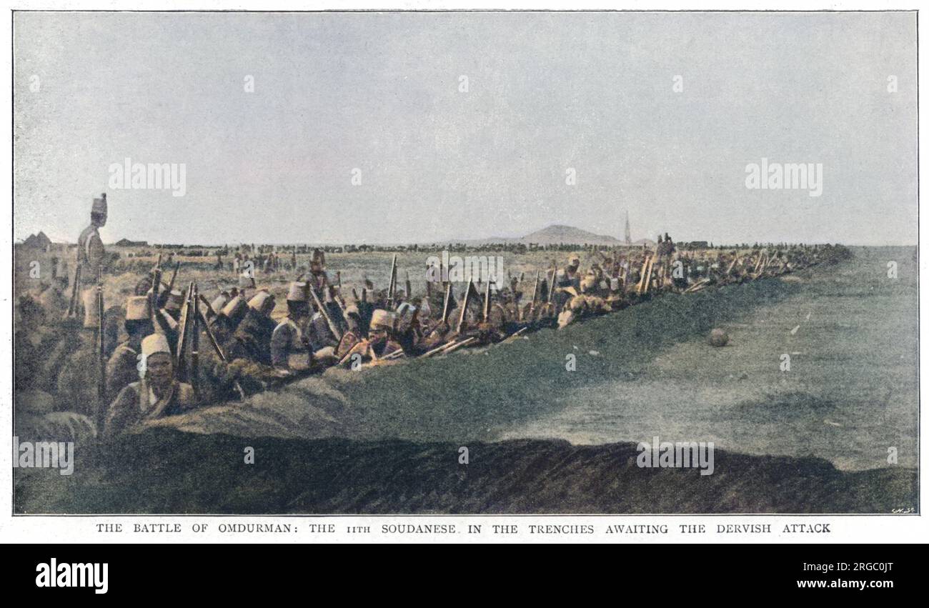Battaglia di Omdurman: Il 11th Soudanese nelle trincee in attesa dell'attacco Dervish. Foto Stock
