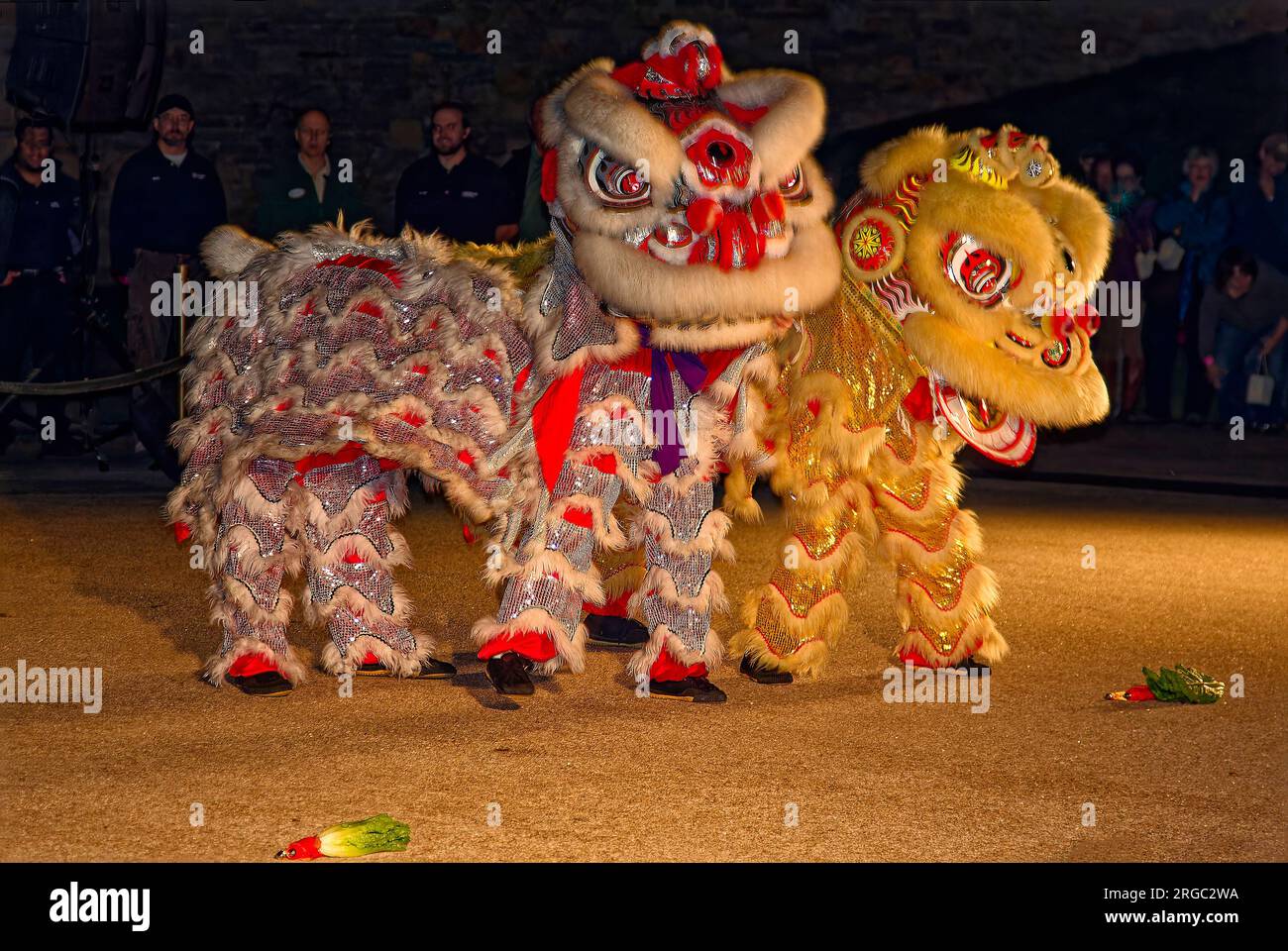 Ballerini cinesi, grandi costumi animali; intricato, scintillante, etnico, spettacolo; movimento, notte; intrattenimento, Pennsylvania Foto Stock