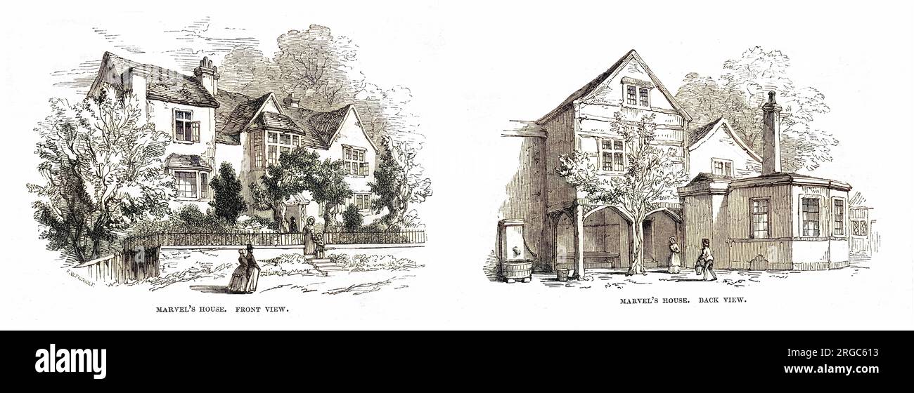 La casa DI ANDREW MARVELL ad Highgate, nel nord di Londra - vista frontale e posteriore, come si trovava nel 1849 Foto Stock