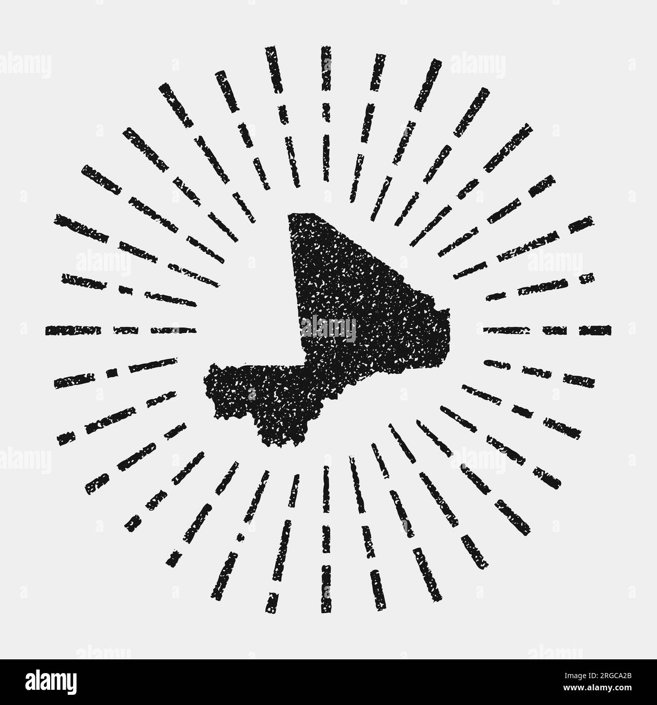Mappa vintage del Mali. Il grunge Sunburst in tutto il paese. Forma Mali nera con raggi solari su sfondo bianco. Illustrazione vettoriale. Illustrazione Vettoriale