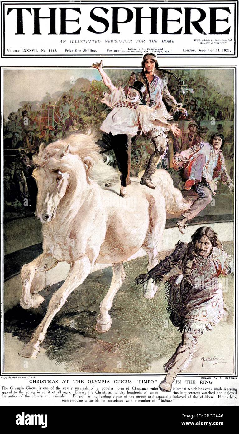 'Pimpo' il clown e tre 'Indiani Rossi' che eseguono acrobazie a cavallo nell'anello dell'Olympia Circus. Foto Stock