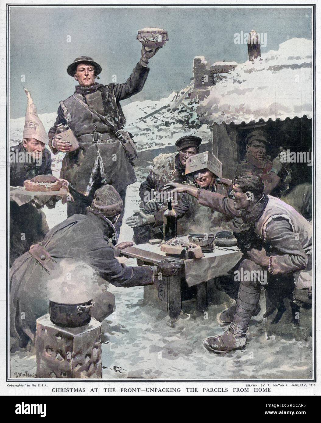Un gruppo di soldati britannici condivide il contenuto di un ostacolo che è stato consegnato loro al fronte. Un budino di Natale si tiene in alto e la scena è di gioia generale. Foto Stock