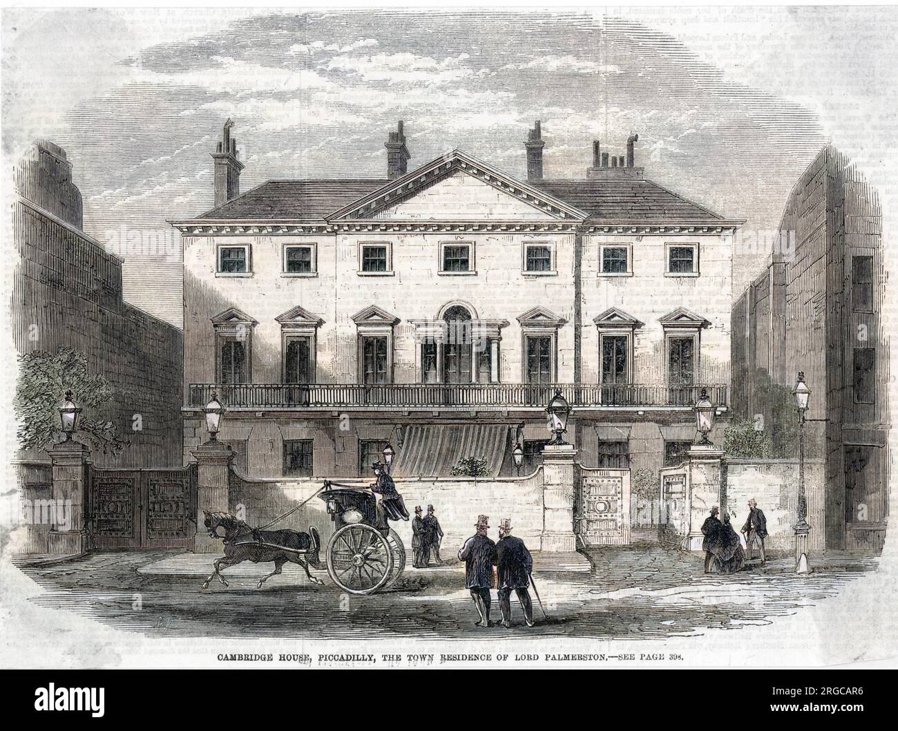 Un taxi hansom oltrepassa Cambridge House, Piccadilly, Londra, la residenza cittadina di Lord Palmerston. Foto Stock