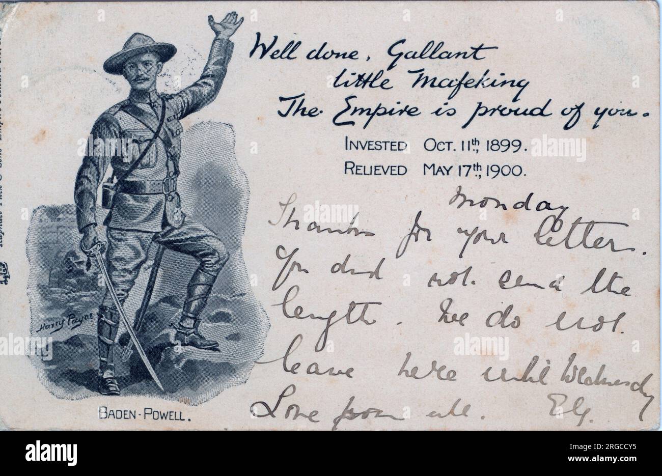 Questa è una cartolina da collezione ben nota. È stato inviato circa un mese dopo che Mafeking è stato sollevato. Baden Powell era il comandante britannico della Garrison. Boer Guerra. Foto Stock