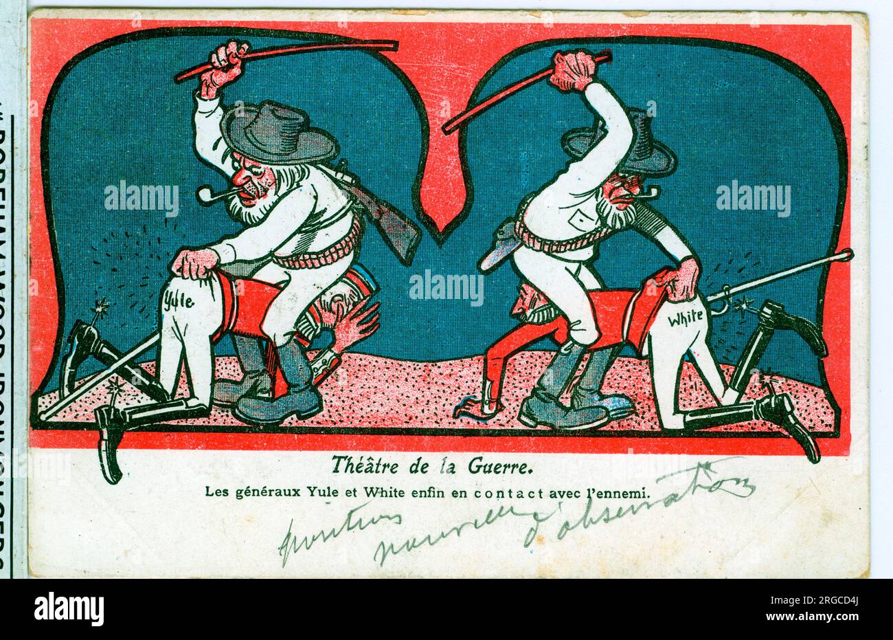 I generali sono Bianchi e Yule e il disegno si riferisce probabilmente al periodo conosciuto come 'settimana Nera' quando i Boeri assediarono Mafeking, Kimberley e Ladysmith e vinse le vittorie a Magersfontein e Colenso. La carta è stata pubblicata il 31 marzo 1900 in Belgio. La battaglia di Colenso ebbe luogo a metà dicembre 1899. Foto Stock