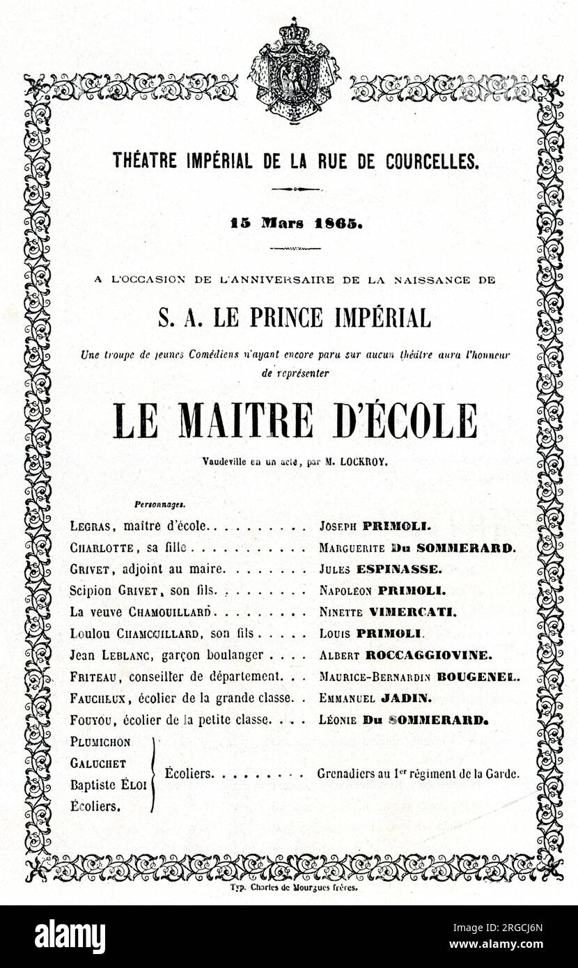 Programma, le Maitre d'Ecole (il maestro di scuola), di Lockroy, eseguito da un gruppo di giovani comici amatoriali, Imperial Theatre, Rue de Courcelles, Parigi, 15 marzo 1865, Intrattenimento per il compleanno di Luigi Napoleone (nato il 16 marzo 1856), figlio di Napoleone III e dell'imperatrice Eugenie. Foto Stock