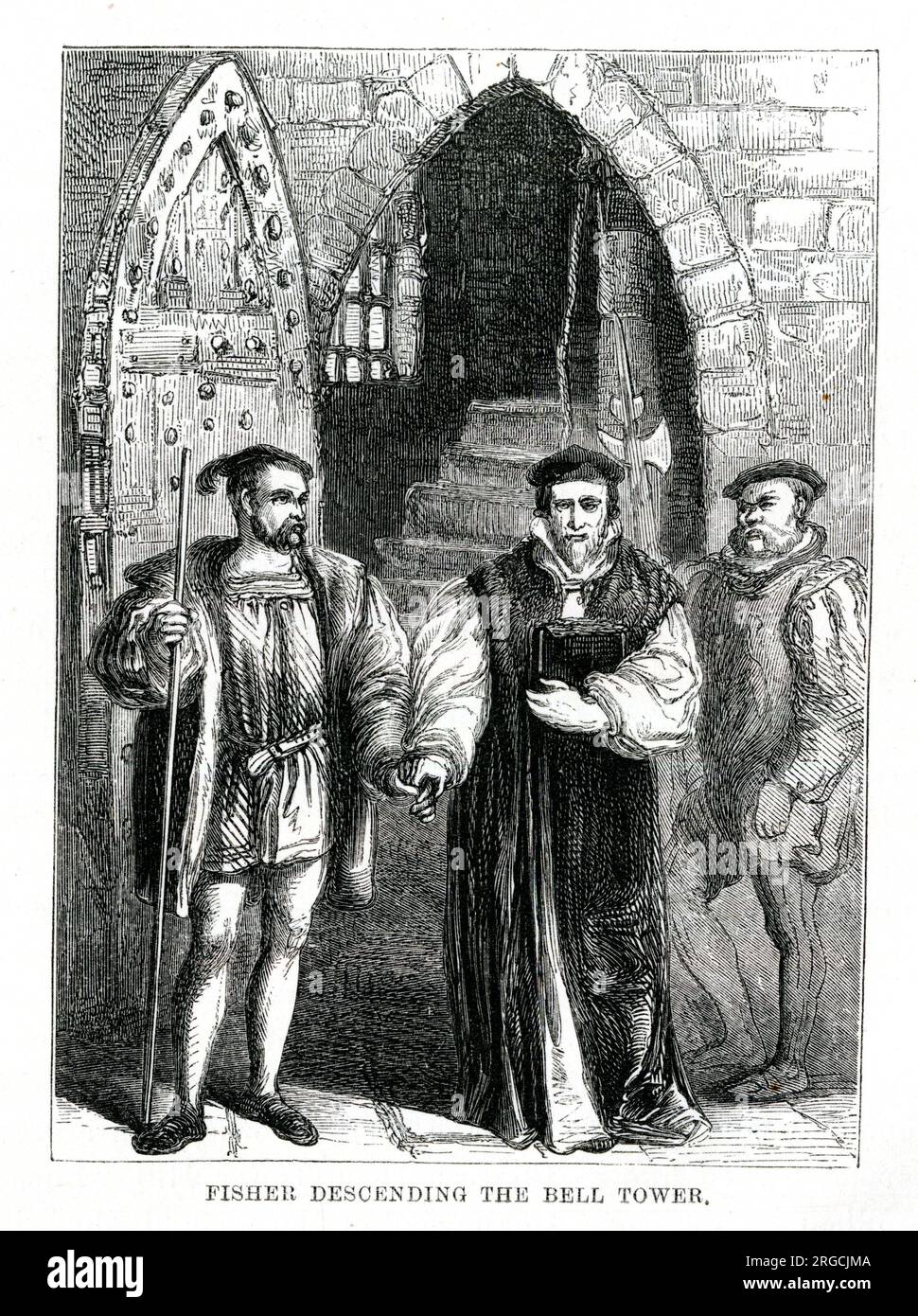Mons. John Fisher discende dalla Torre Campanaria prima dell'esecuzione alla Torre di Londra Foto Stock
