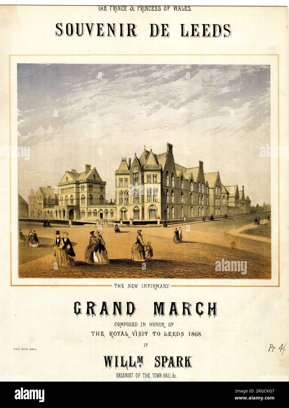 Copertina musicale, souvenir de Leeds, Grand March, di William Spark (organista del municipio), composta in onore della visita reale del Principe e Principessa di Galles - vista della Nuova Infermeria di Leeds Foto Stock