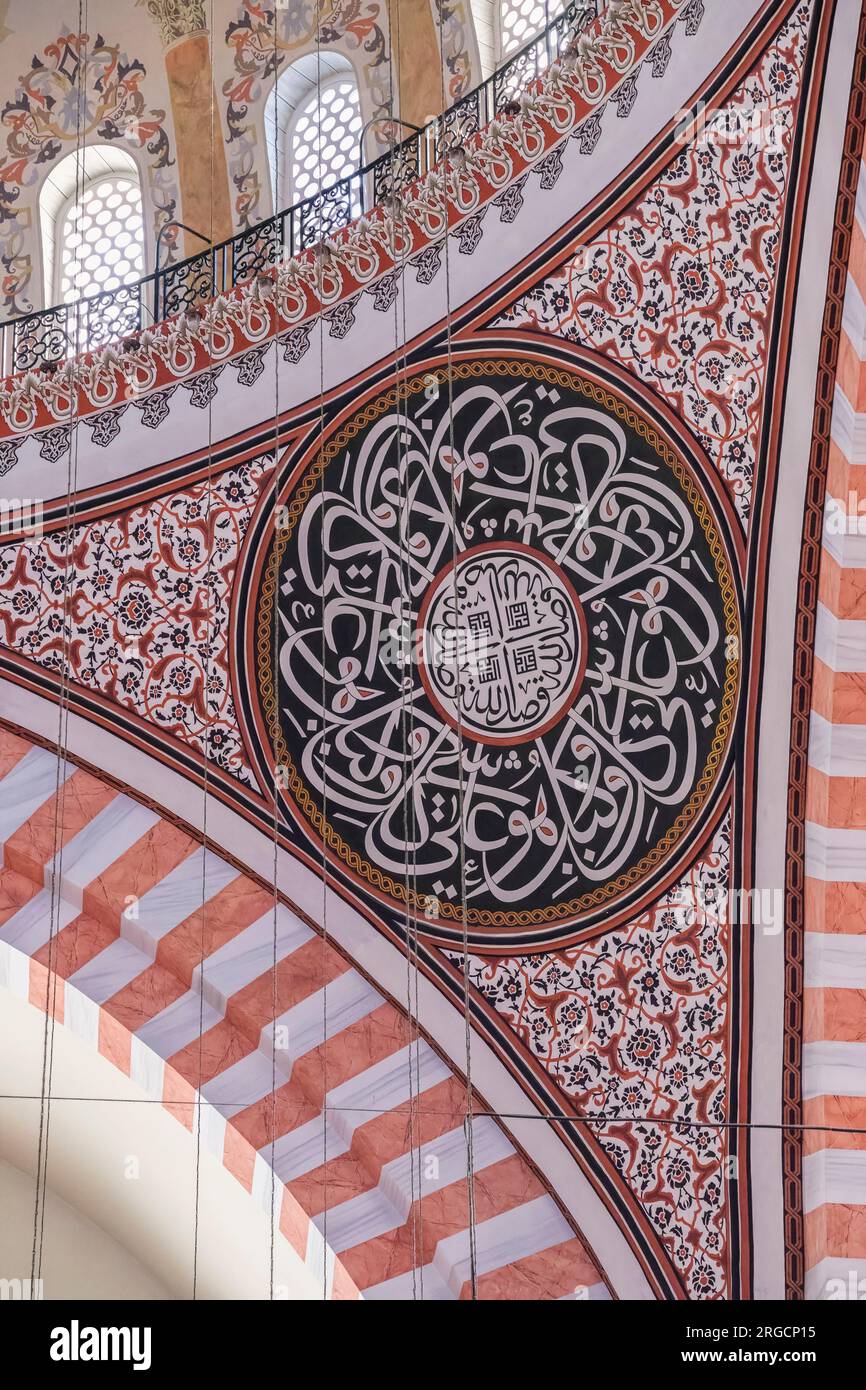 Istanbul, Turchia, Turkiye. Decorazioni in calligrafia e disegni floreali nelle pareti della Moschea di Solimano la magnifica Moschea di Solimano. Foto Stock