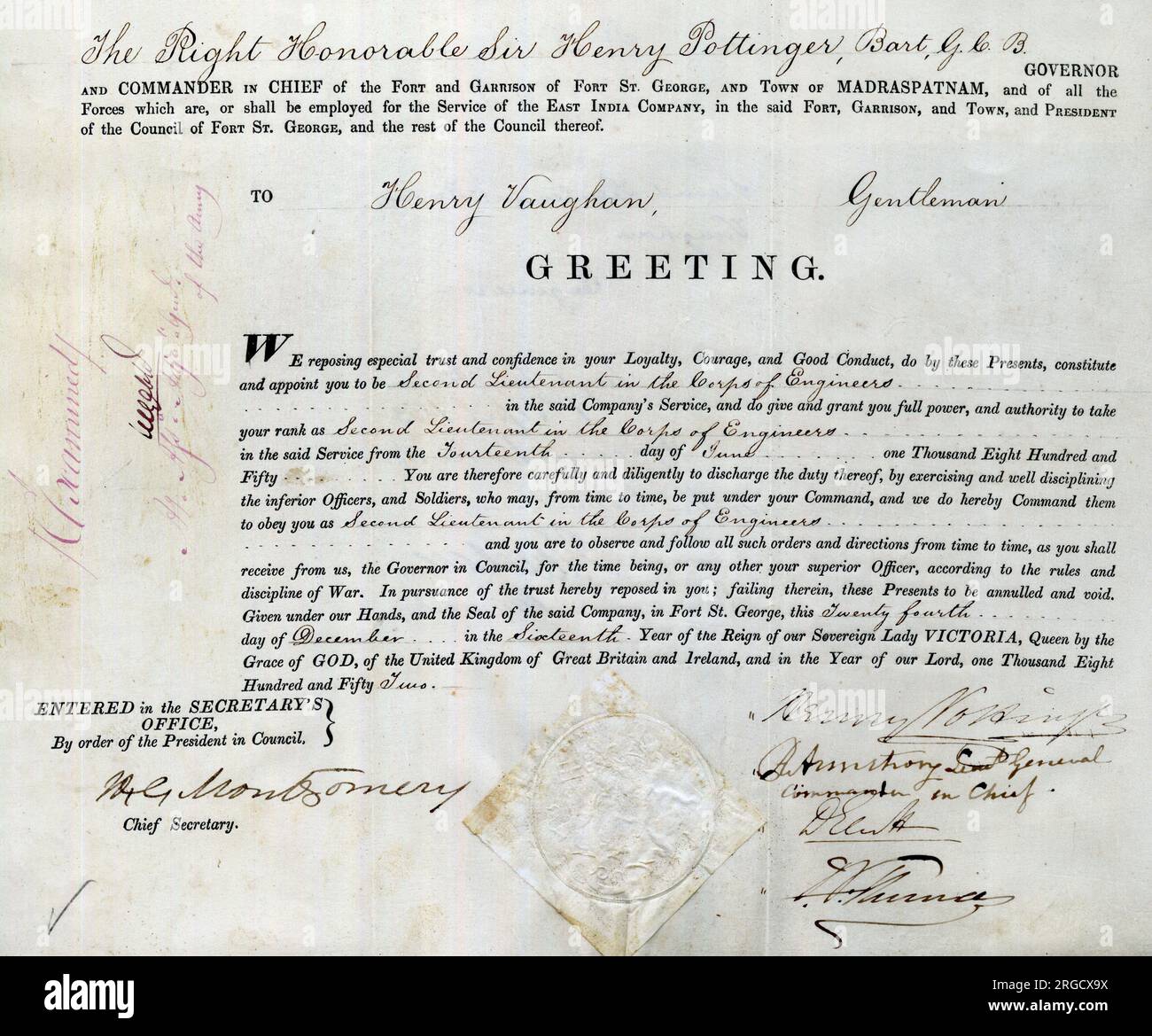 Documento della commissione pergamena per il 2nd tenente Henry Vaughan, corpo di ingegneri di Madras, Compagnia delle Indie Orientali Foto Stock