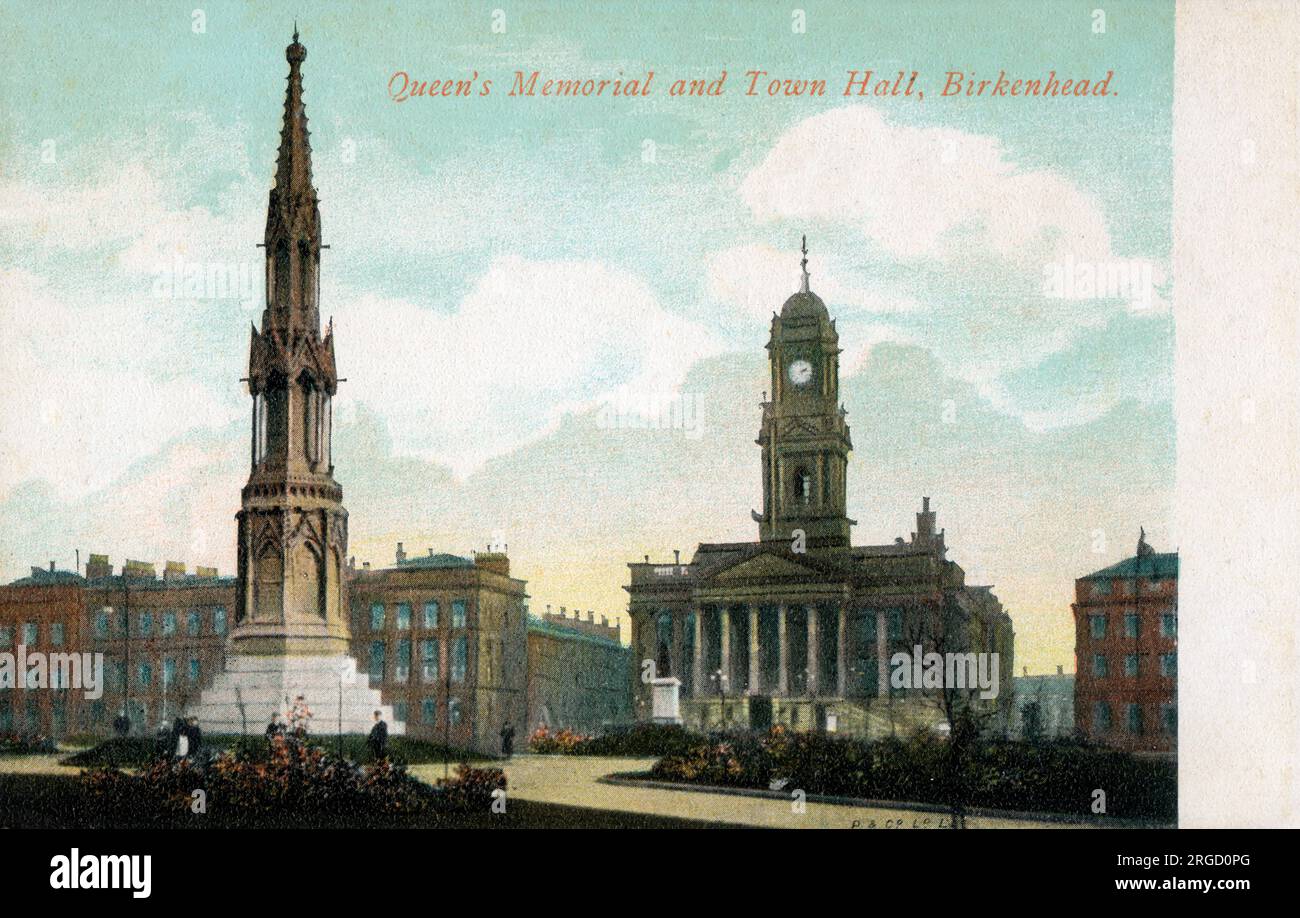Il Monumento alla Regina Vittoria e il Municipio di Birkenhead, il Metropolitan Borough of Wirral, Merseyside, Inghilterra Foto Stock
