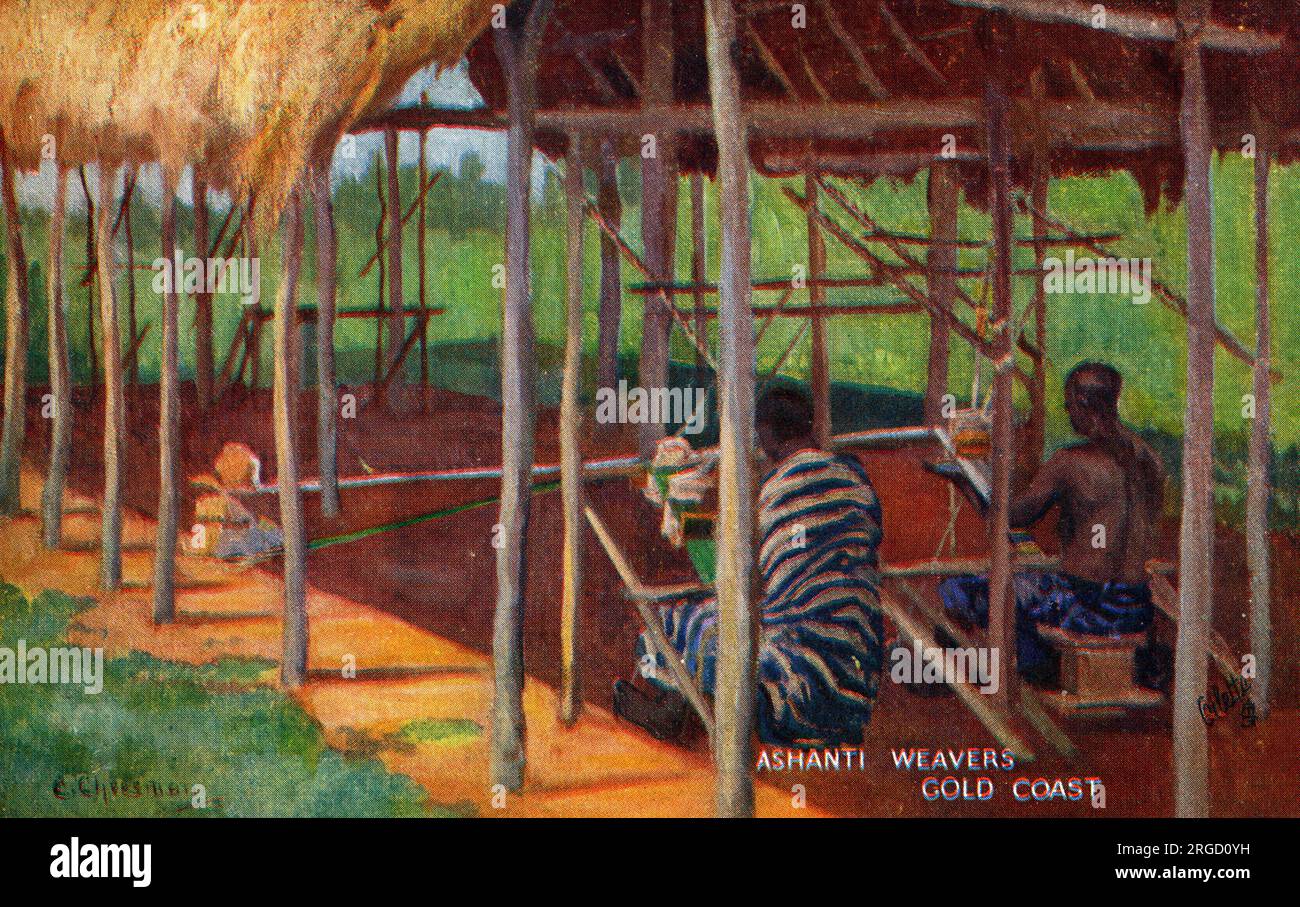 Ghana, Africa occidentale - Ashanti Weavers sotto una semplice ombra. Foto Stock