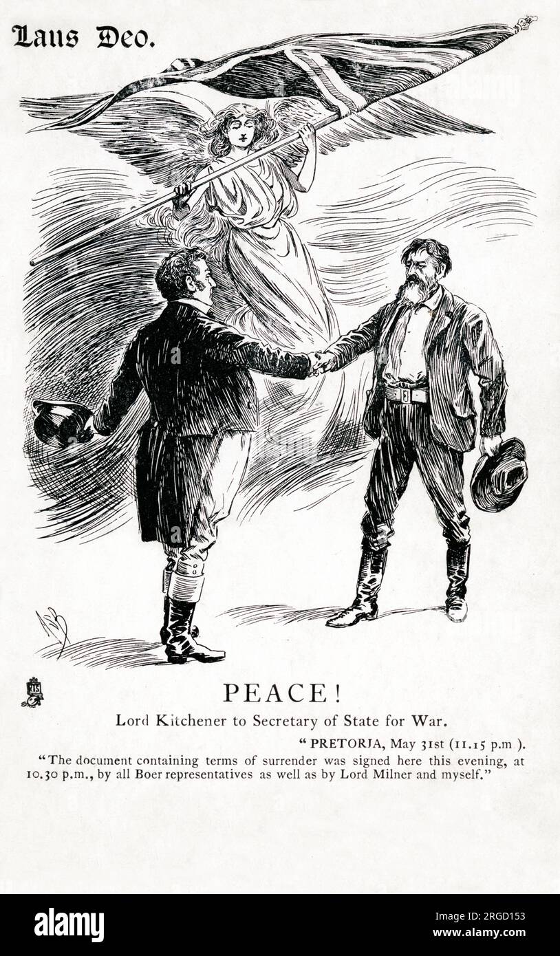 Lodate Dio (Laus Deo). Pace! La fine della guerra dei boeri nel maggio 1902 annunciato da Lord Kitchener al Segretario di Stato per la guerra. John Bull scuotendo le mani con il suo omologo archetipo Boer come l'angelo della pace si avvolse sopra. Foto Stock