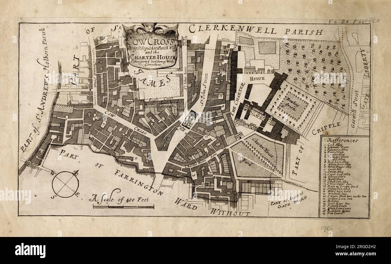 Mappa dell'area di Farringdon di Londra nel 1755: Cowcross Street, St John Street e The Charterhouse con Clerkenwell Parish a nord-ovest. Foto Stock