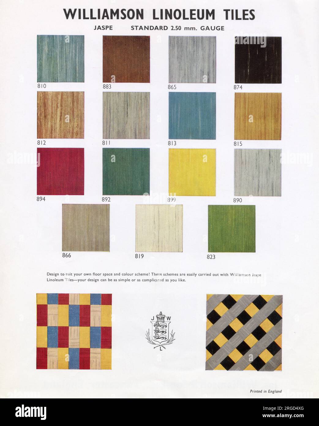 Pagina dalla brochure di vendita per Williamson Linoleum Tiles di James Williamson & son Ltd, di Lancaster, Inghilterra. La pagina mostra le varie colorazioni delle piastrelle in lino e le idee di combinazione di design per i pavimenti. Foto Stock