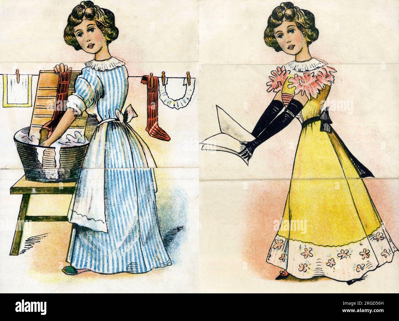 Al piano di sotto, la cameriera faceva il bucato con vasca e lavabo (L) e la cameriera cantava (R) Foto Stock