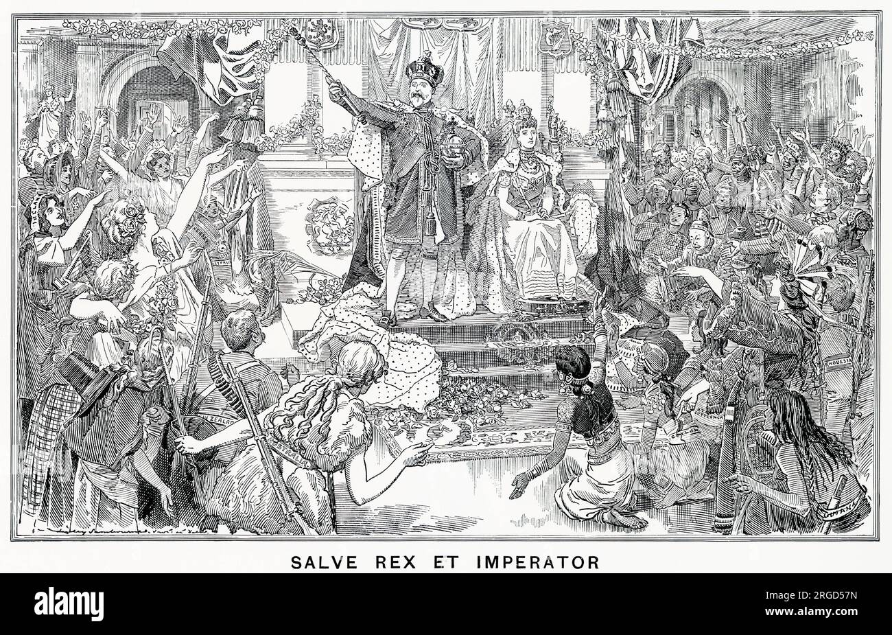 Cartone animato di Linley Sambourne, raffigurante re Edoardo VII e Alessandra di Danimarca, regina consorte circondata dal suo popolo l'impero. Foto Stock