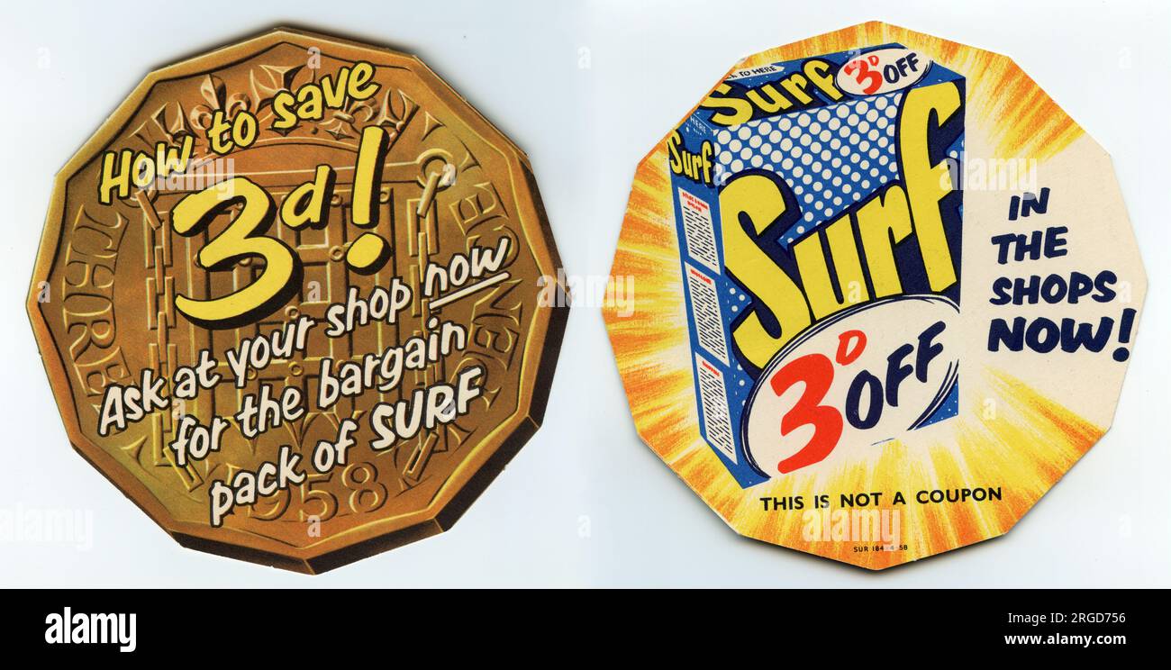 3d (tre penny) Off Surf Washing Powder, volantino pubblicitario a forma di moneta da tre penny a 12 facce Foto Stock